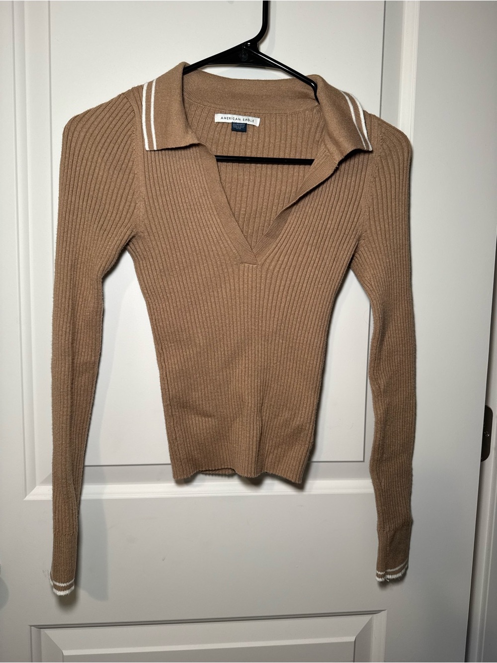 American Eagle Outfitters Tan Ribbed V-Neck Polo Sweater with White Trim